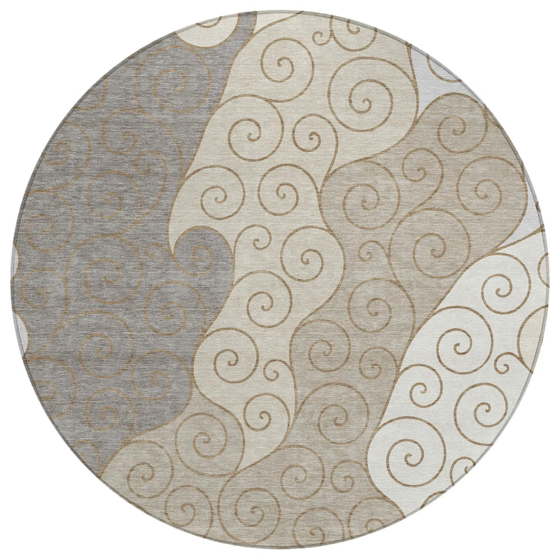 8' Taupe And Beige Round Abstract Washable Indoor Outdoor Area Rug Homeroots Outdoor