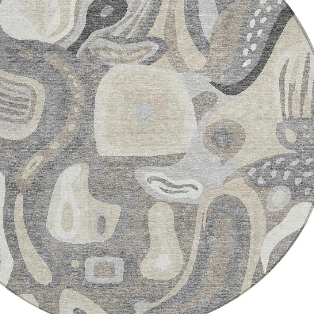 8' Taupe And Beige Round Abstract Washable Indoor Outdoor Area Rug Homeroots Outdoor