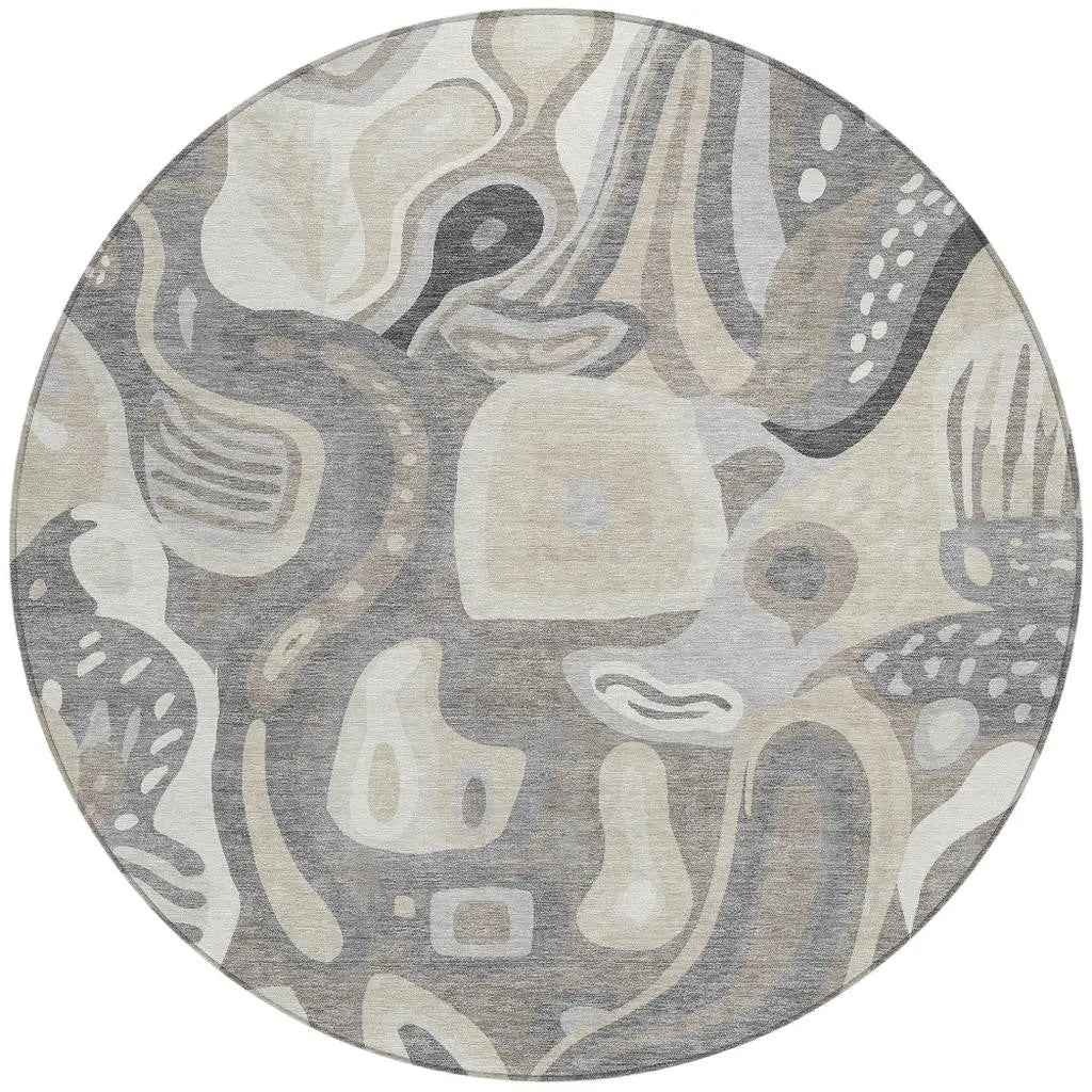 8' Taupe And Beige Round Abstract Washable Indoor Outdoor Area Rug Homeroots Outdoor