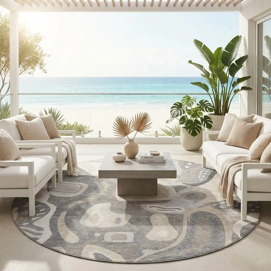 8' Taupe And Beige Round Abstract Washable Indoor Outdoor Area Rug Homeroots Outdoor