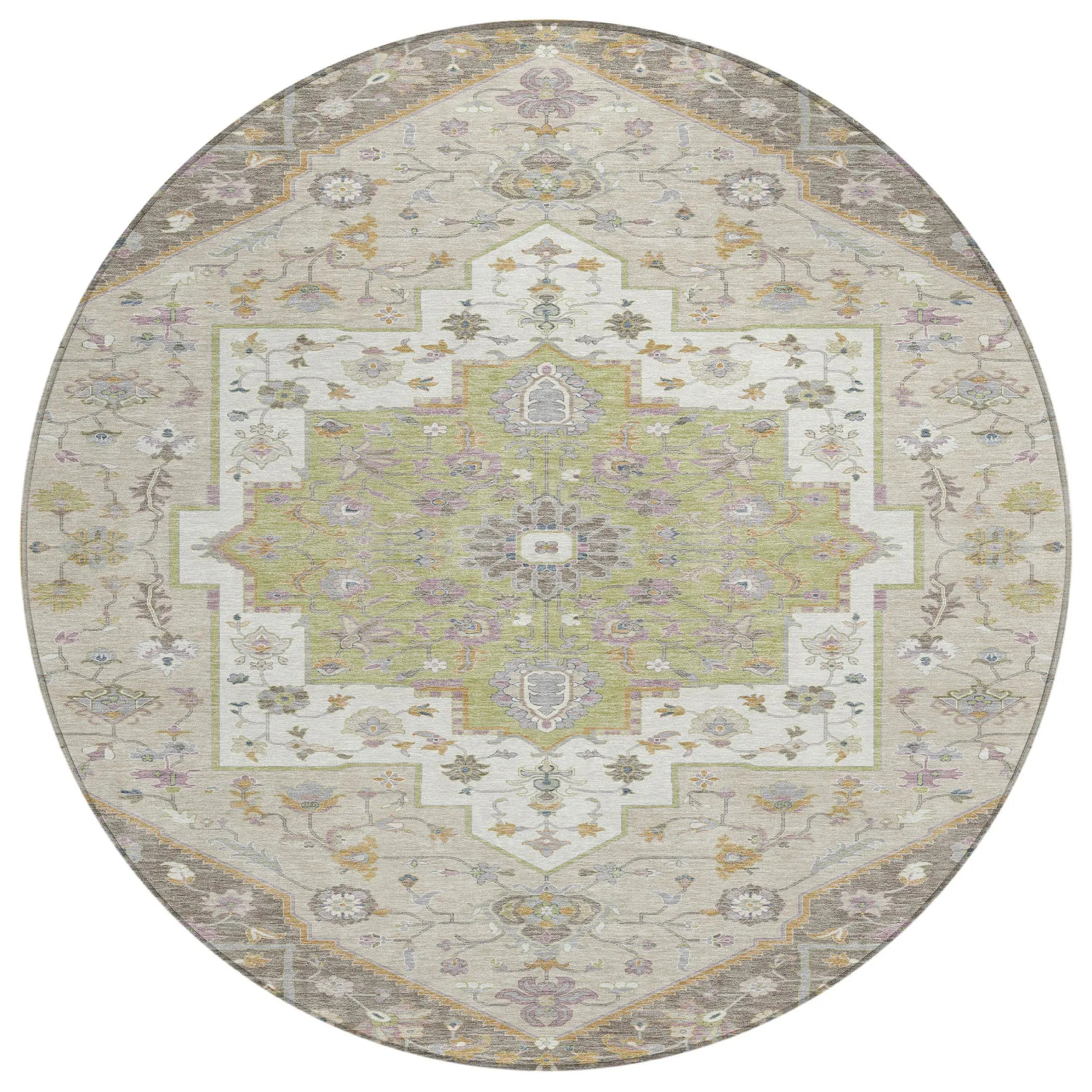 8' Taupe And Beige Round Floral Medallion Washable Indoor Outdoor Area Rug Homeroots Outdoor