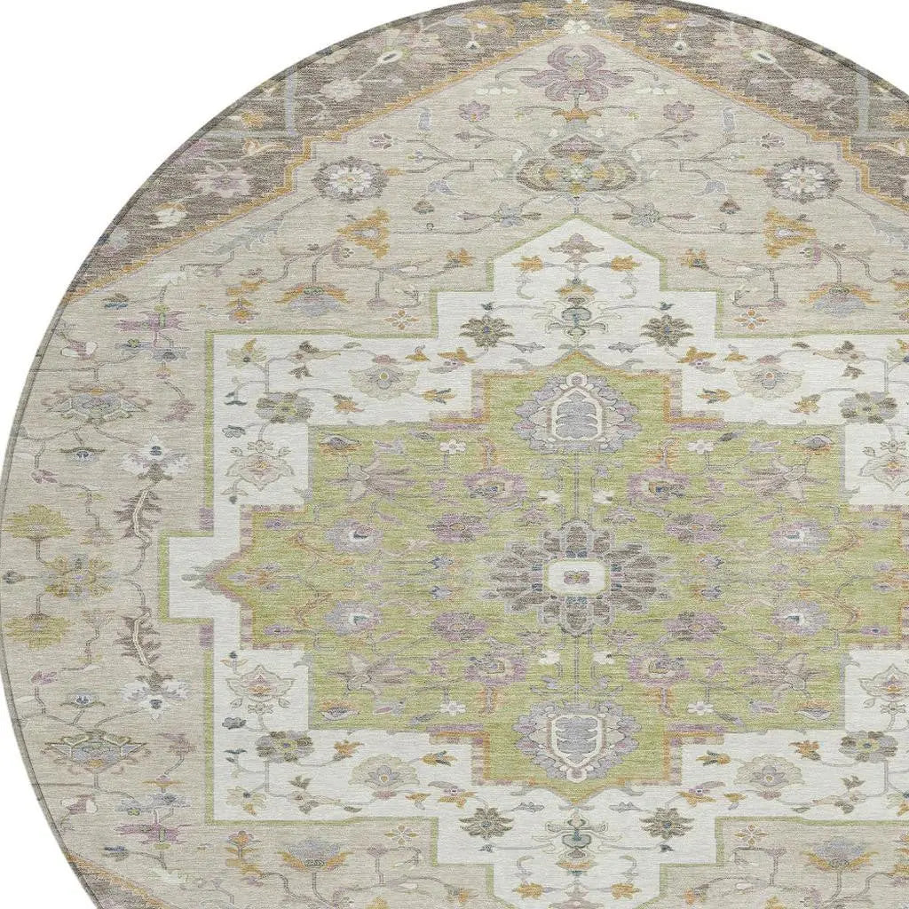 8' Taupe And Beige Round Floral Medallion Washable Indoor Outdoor Area Rug Homeroots Outdoor