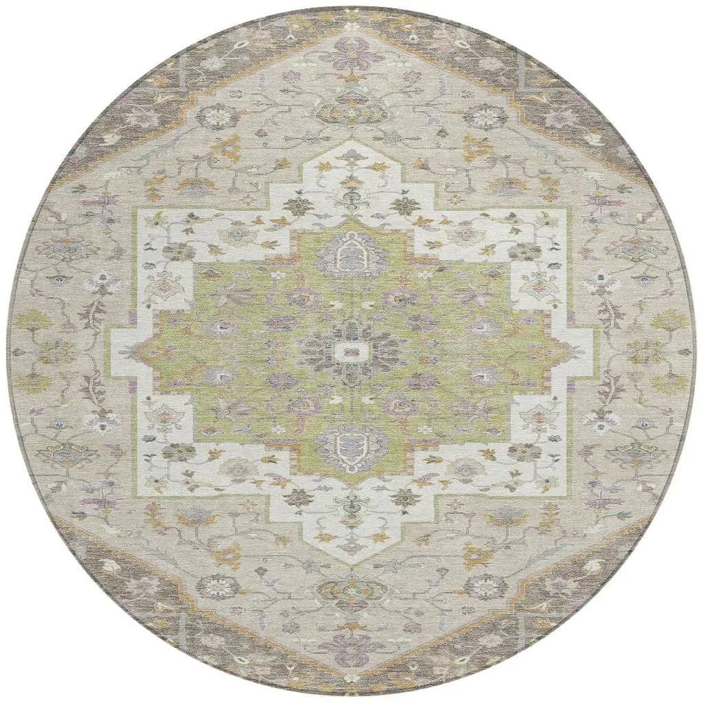 8' Taupe And Beige Round Floral Medallion Washable Indoor Outdoor Area Rug Homeroots Outdoor