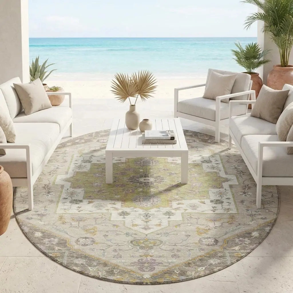8' Taupe And Beige Round Floral Medallion Washable Indoor Outdoor Area Rug Homeroots Outdoor