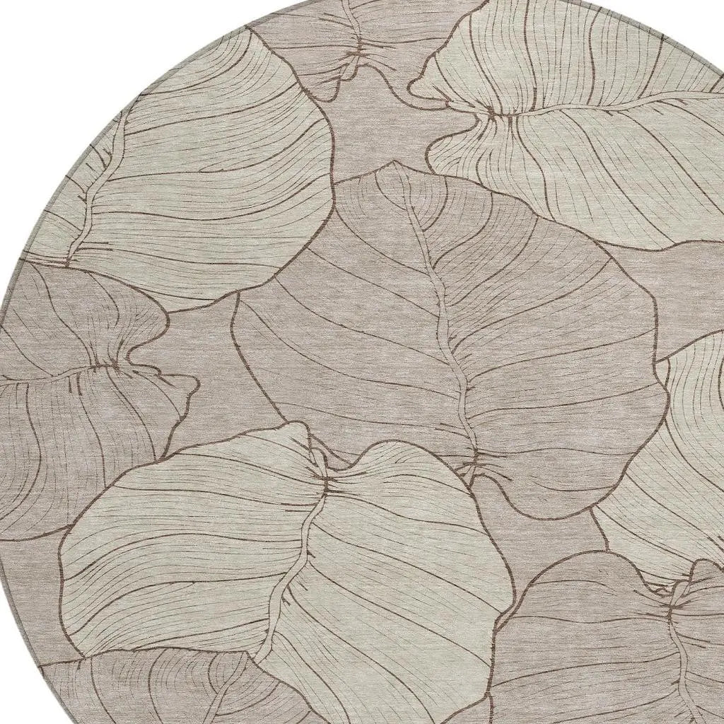 8' Taupe And Beige Round Floral Washable Indoor Outdoor Area Rug Homeroots Outdoor