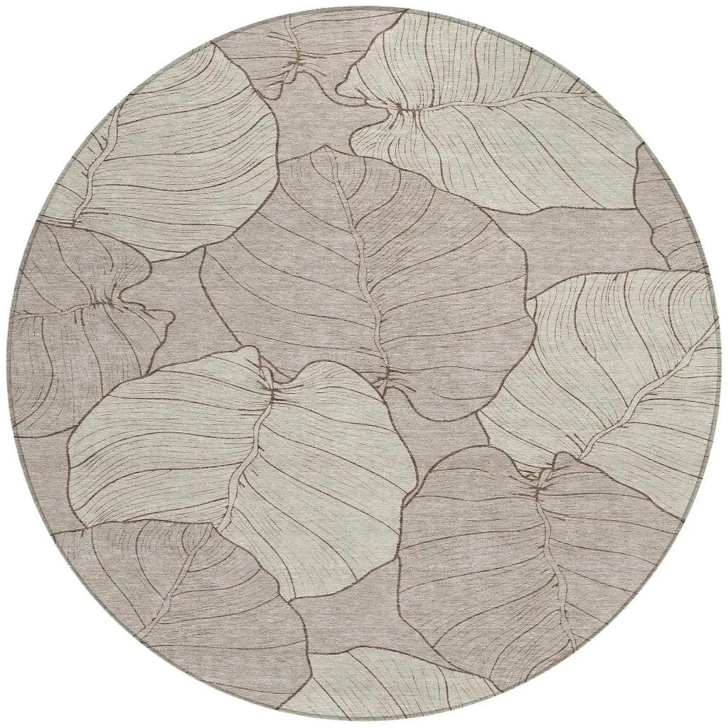 8' Taupe And Beige Round Floral Washable Indoor Outdoor Area Rug Homeroots Outdoor