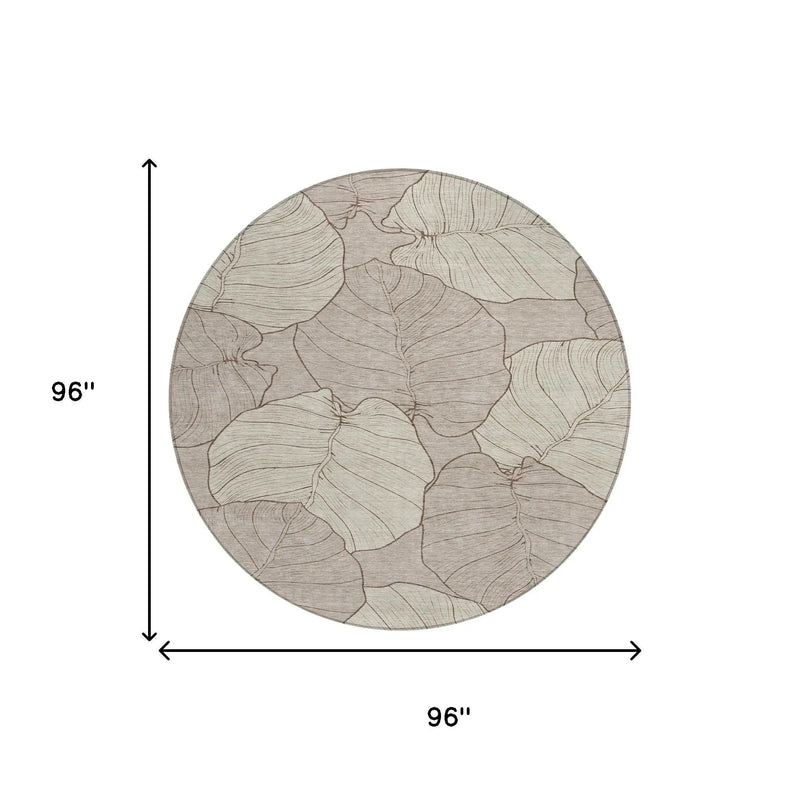 8' Taupe And Beige Round Floral Washable Indoor Outdoor Area Rug Homeroots Outdoor