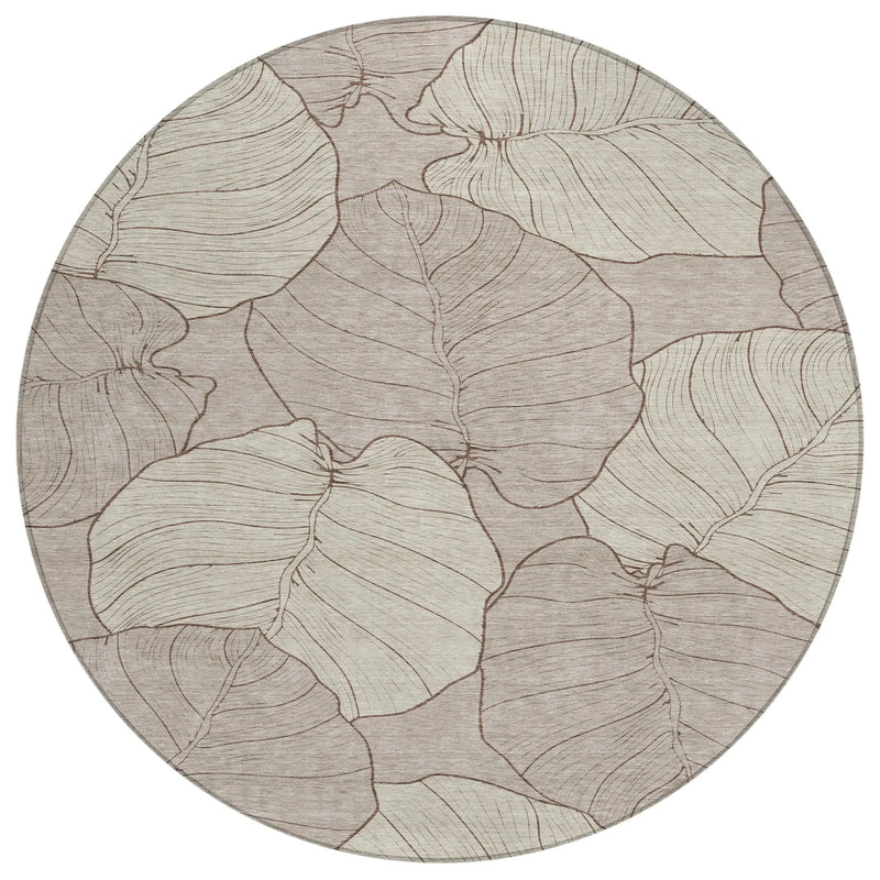 8' Taupe And Beige Round Floral Washable Indoor Outdoor Area Rug Homeroots Outdoor