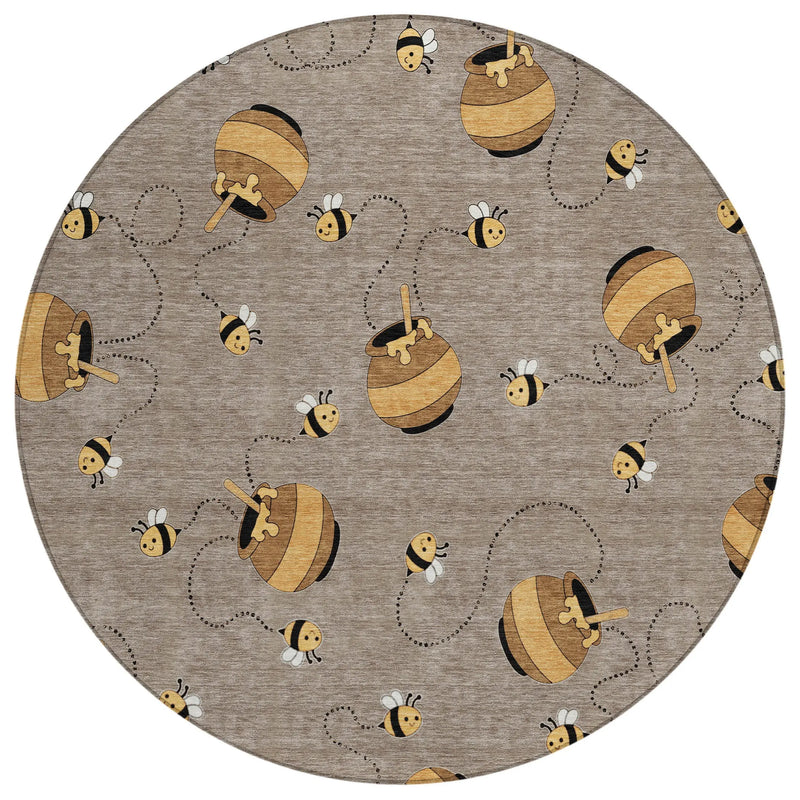 8' Taupe And Beige Round Geometric Washable Indoor Outdoor Area Rug Homeroots Outdoor