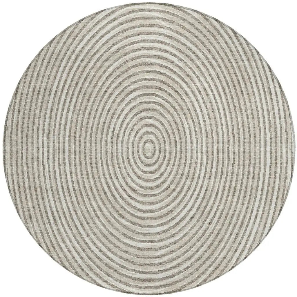 8' Taupe And Beige Round Geometric Washable Indoor Outdoor Area Rug Homeroots Outdoor