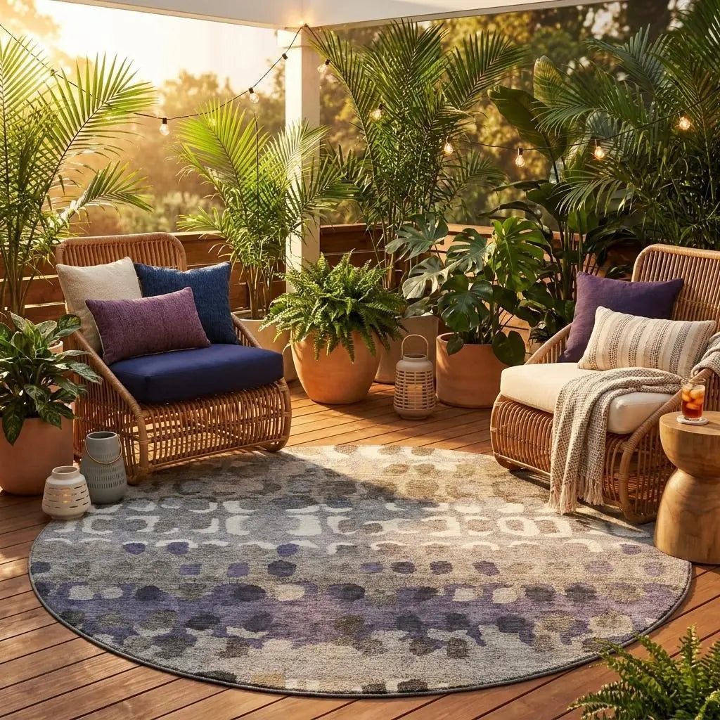 8' Taupe And Beige Round Geometric Washable Indoor Outdoor Area Rug Homeroots Outdoor