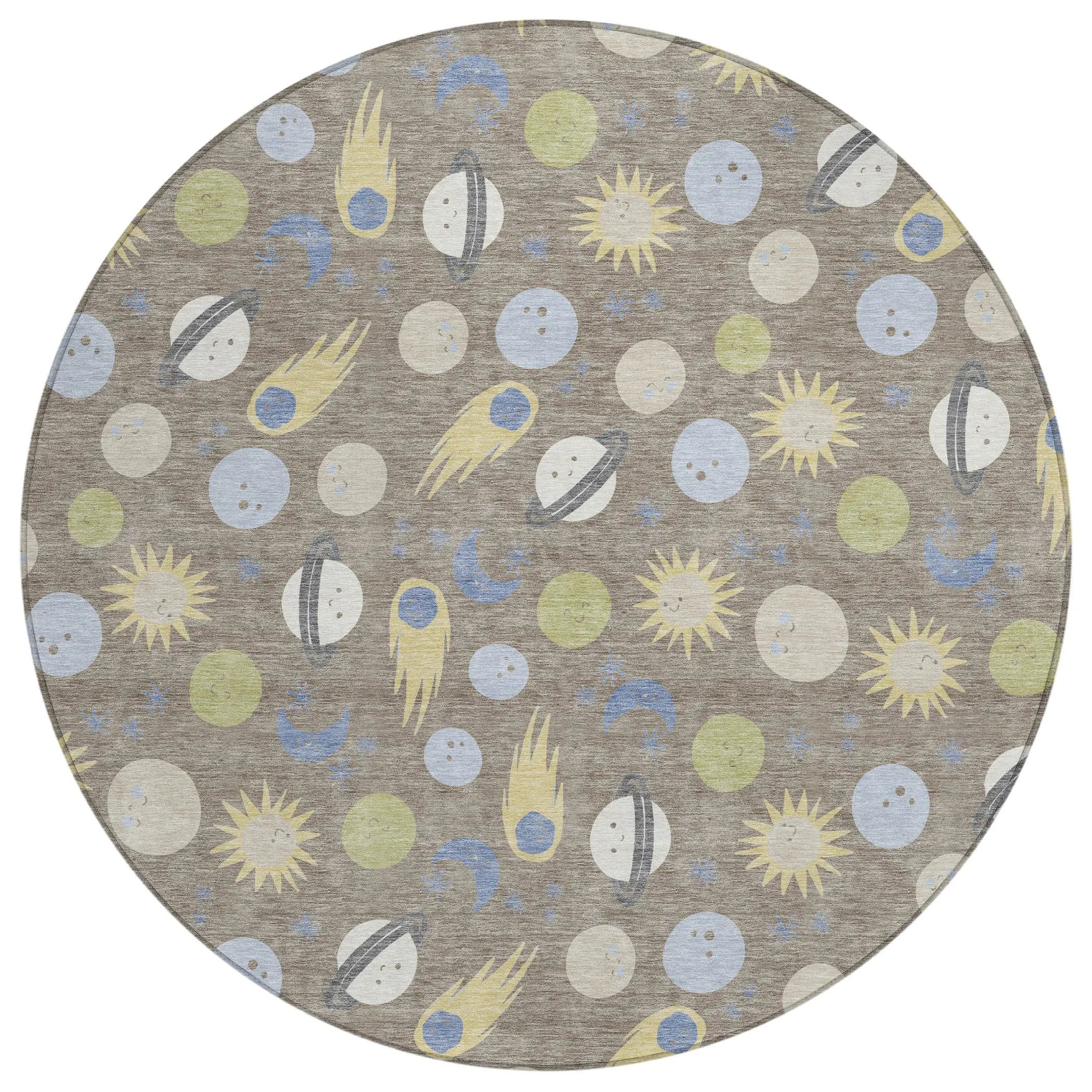 Round area rug featuring a playful space theme with planets, stars, and comets in soft blues, yellows, and grays.