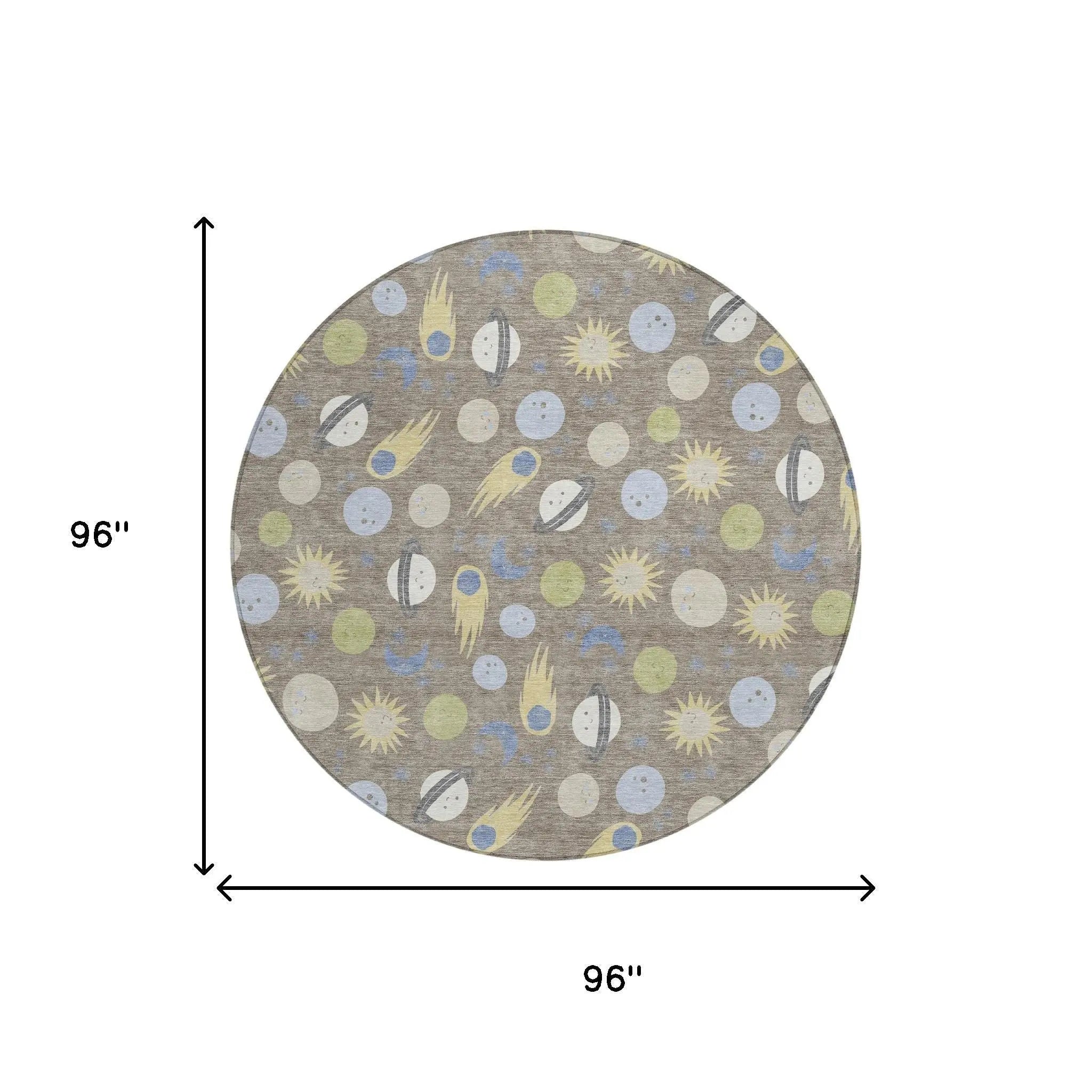 Round 96" rug in soft grey fabric with colorful planets, stars, and comets pattern, perfect for kids' rooms.