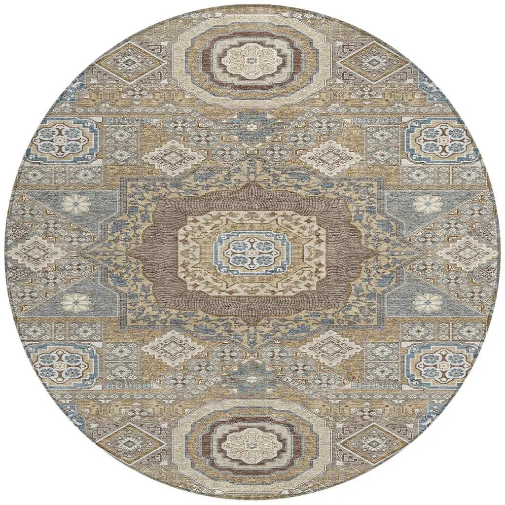 8' Taupe And Beige Round Oriental Washable Indoor Outdoor Area Rug Homeroots Outdoor