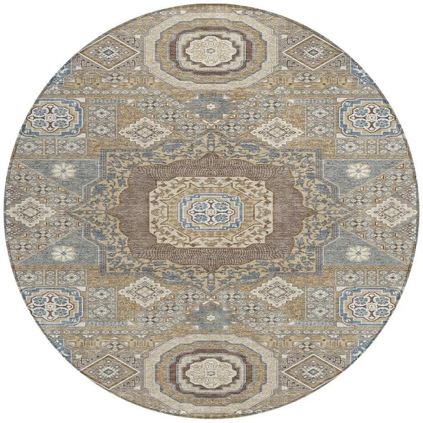 8' Taupe And Beige Round Oriental Washable Indoor Outdoor Area Rug Homeroots Outdoor