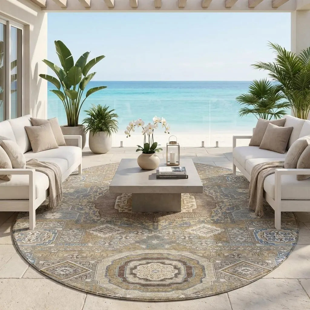 8' Taupe And Beige Round Oriental Washable Indoor Outdoor Area Rug Homeroots Outdoor