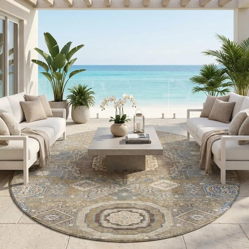 8' Taupe And Beige Round Oriental Washable Indoor Outdoor Area Rug Homeroots Outdoor