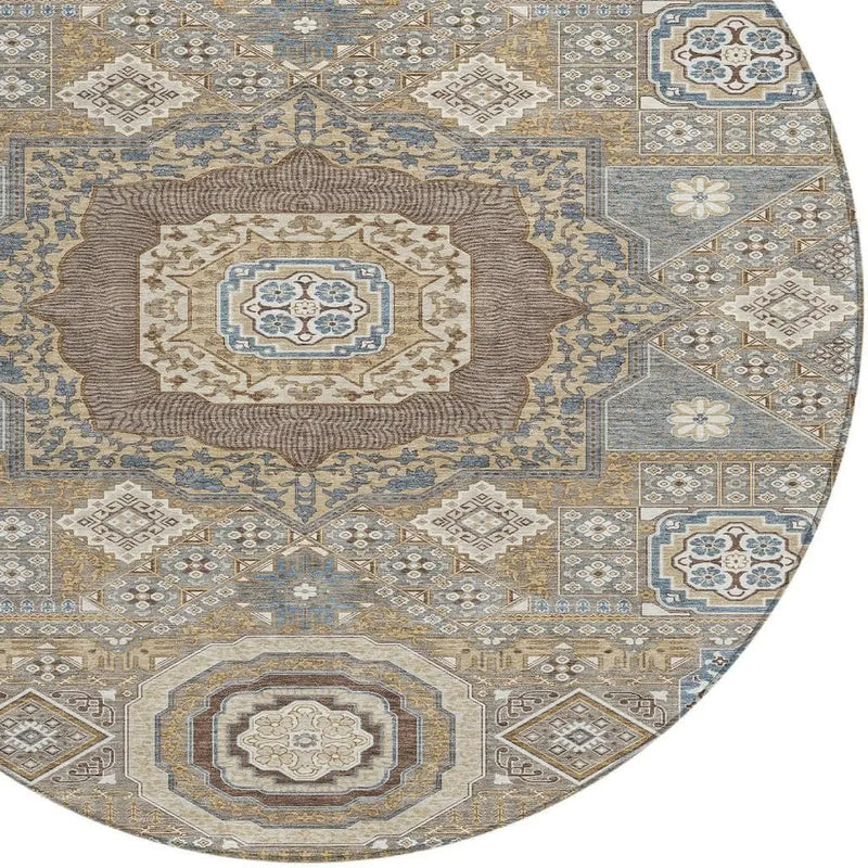 8' Taupe And Beige Round Oriental Washable Indoor Outdoor Area Rug Homeroots Outdoor