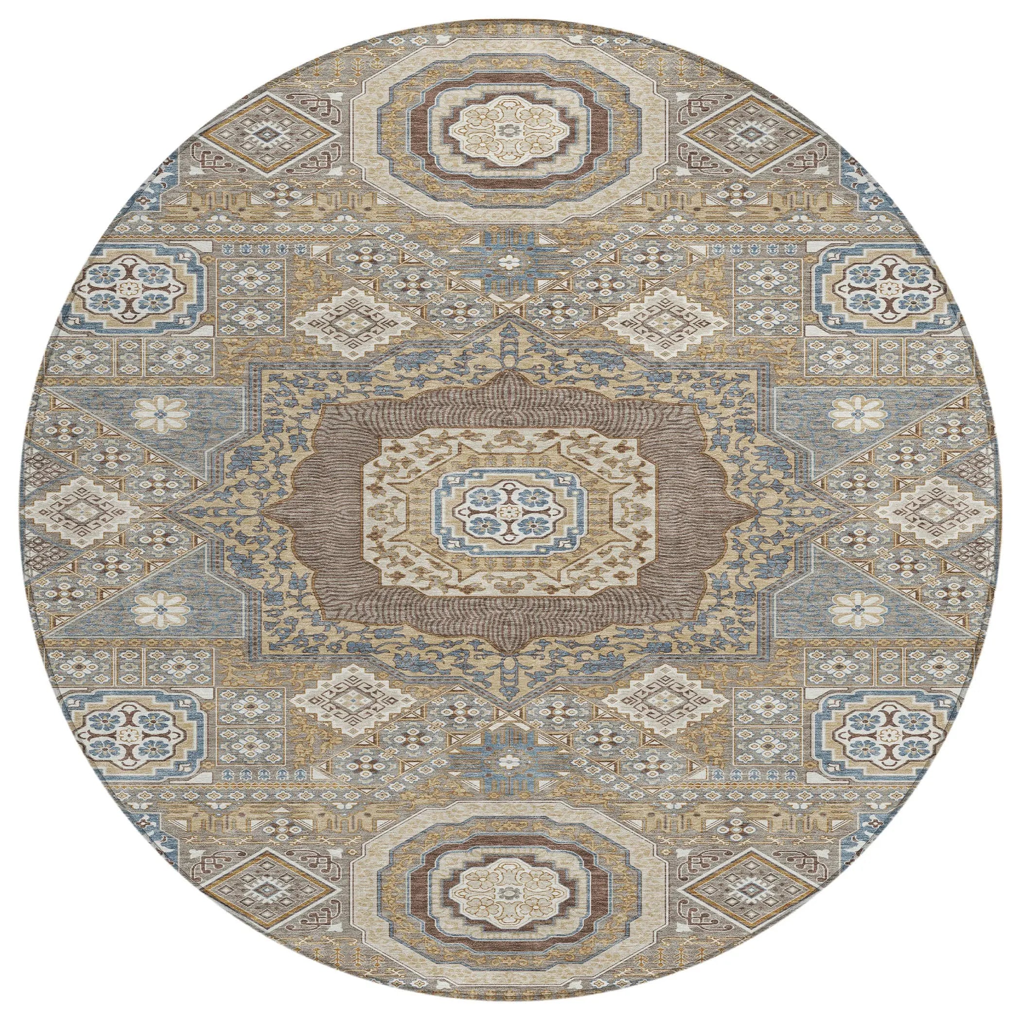8' Taupe And Beige Round Oriental Washable Indoor Outdoor Area Rug Homeroots Outdoor