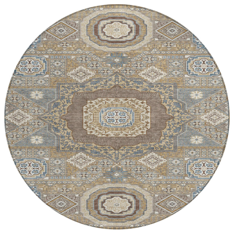 8' Taupe And Beige Round Oriental Washable Indoor Outdoor Area Rug Homeroots Outdoor