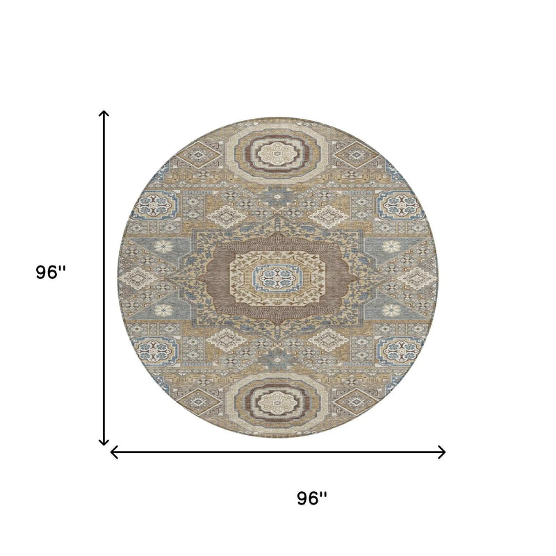 8' Taupe And Beige Round Oriental Washable Indoor Outdoor Area Rug Homeroots Outdoor