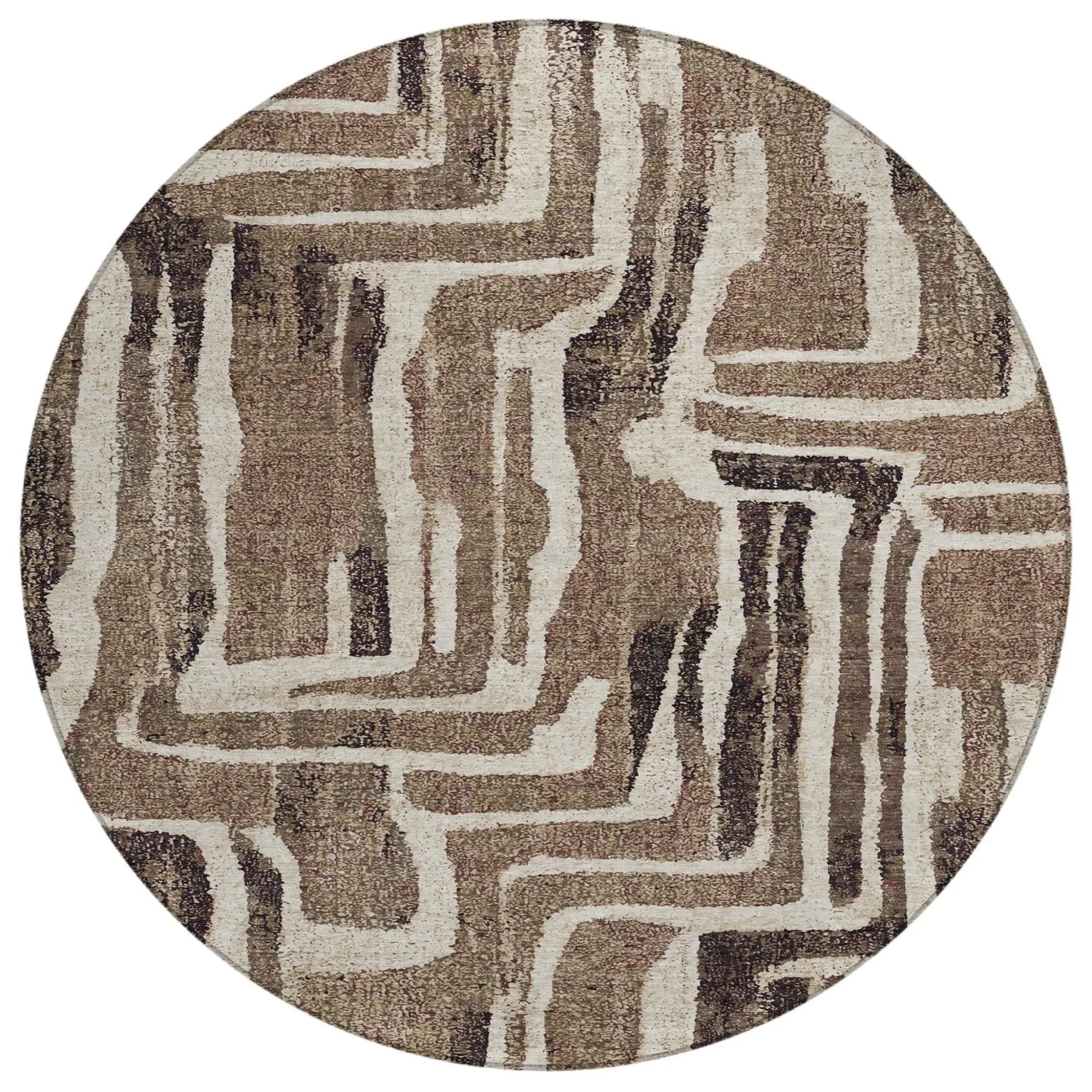 8' Taupe And Brown Round Abstract Washable Indoor Outdoor Area Rug Homeroots Outdoor