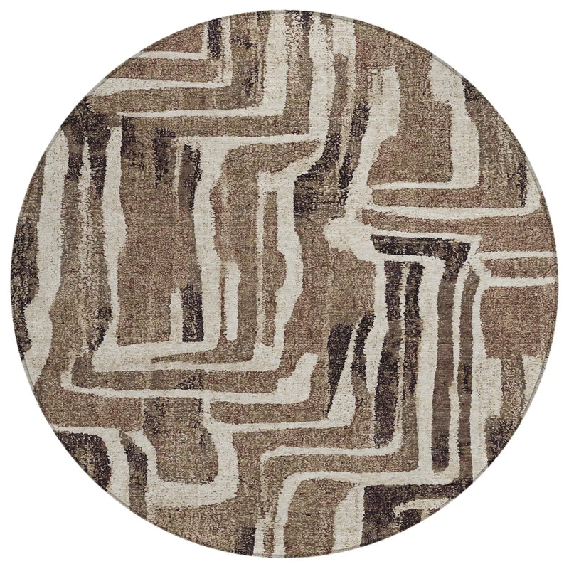 8' Taupe And Brown Round Abstract Washable Indoor Outdoor Area Rug Homeroots Outdoor