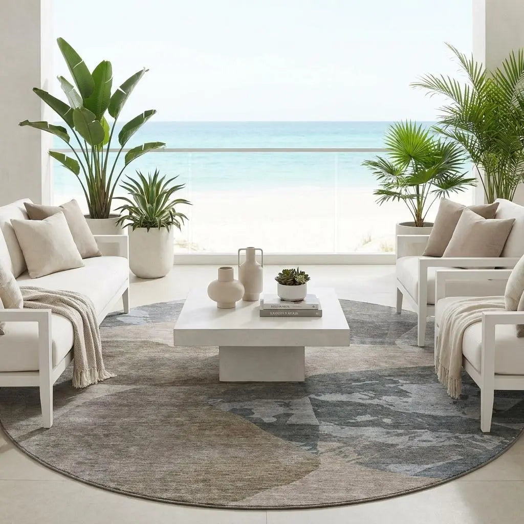8' Taupe And Brown Round Abstract Washable Indoor Outdoor Area Rug Homeroots Outdoor