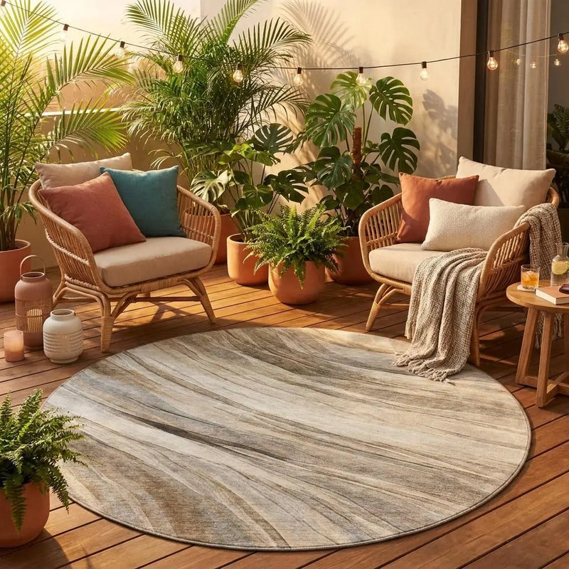 8' Taupe And Brown Round Abstract Washable Indoor Outdoor Area Rug Homeroots Outdoor