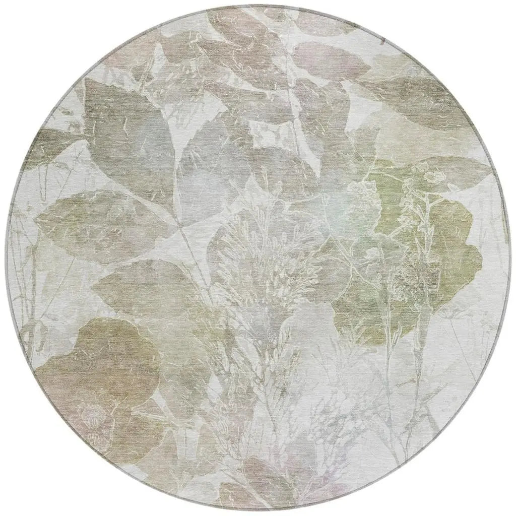 8' Taupe And Brown Round Botanical Leaves Washable Indoor Outdoor Area Rug Homeroots Outdoor