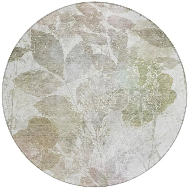 8' Taupe And Brown Round Botanical Leaves Washable Indoor Outdoor Area Rug Homeroots Outdoor