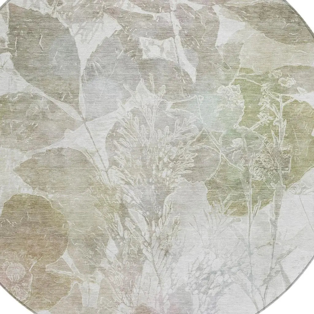 8' Taupe And Brown Round Botanical Leaves Washable Indoor Outdoor Area Rug Homeroots Outdoor