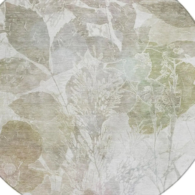 8' Taupe And Brown Round Botanical Leaves Washable Indoor Outdoor Area Rug Homeroots Outdoor