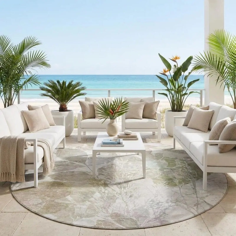 8' Taupe And Brown Round Botanical Leaves Washable Indoor Outdoor Area Rug Homeroots Outdoor