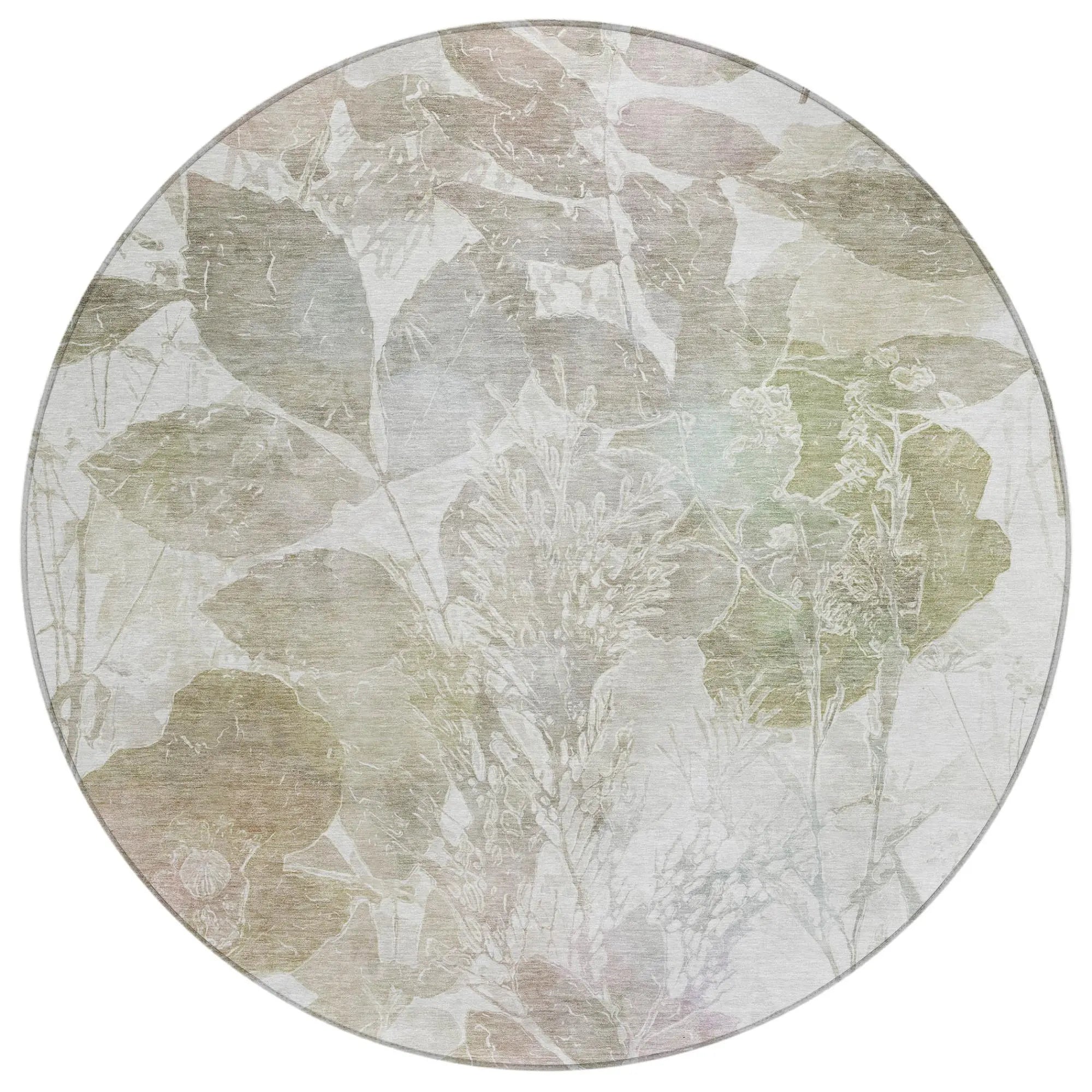 8' Taupe And Brown Round Botanical Leaves Washable Indoor Outdoor Area Rug Homeroots Outdoor