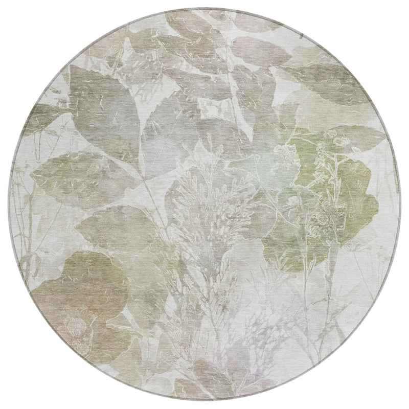 8' Taupe And Brown Round Botanical Leaves Washable Indoor Outdoor Area Rug Homeroots Outdoor
