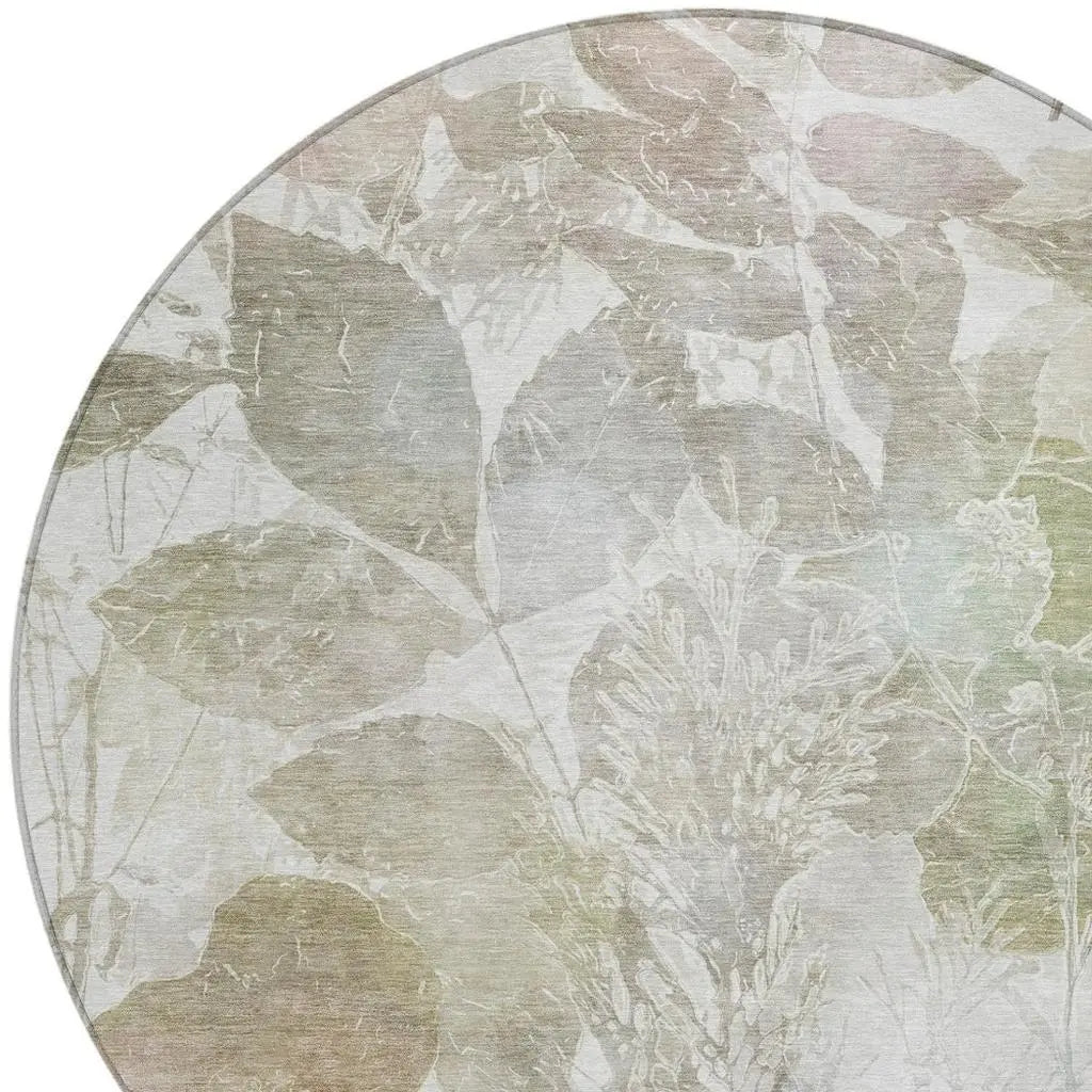 8' Taupe And Brown Round Botanical Leaves Washable Indoor Outdoor Area Rug Homeroots Outdoor