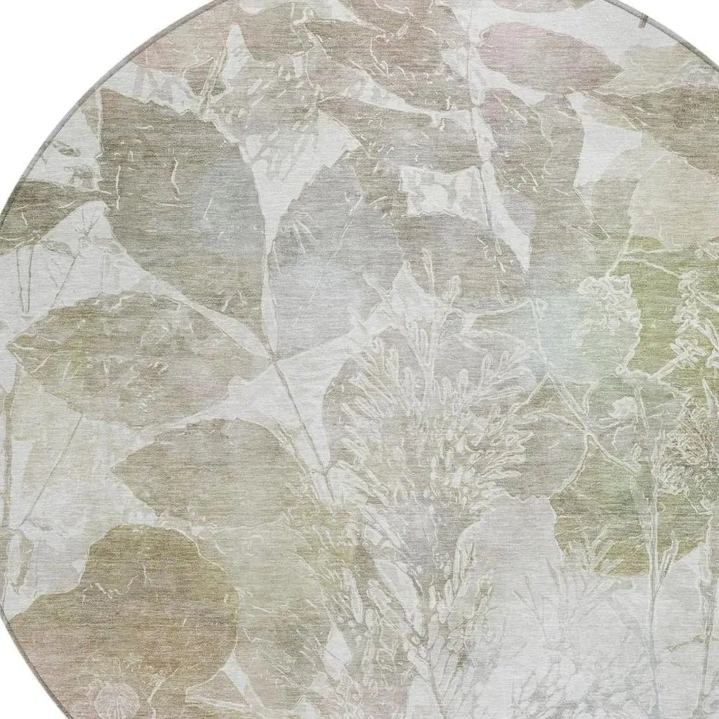 8' Taupe And Brown Round Botanical Leaves Washable Indoor Outdoor Area Rug Homeroots Outdoor
