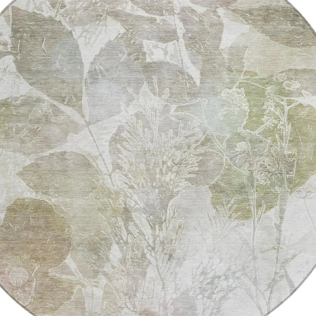 8' Taupe And Brown Round Botanical Leaves Washable Indoor Outdoor Area Rug Homeroots Outdoor