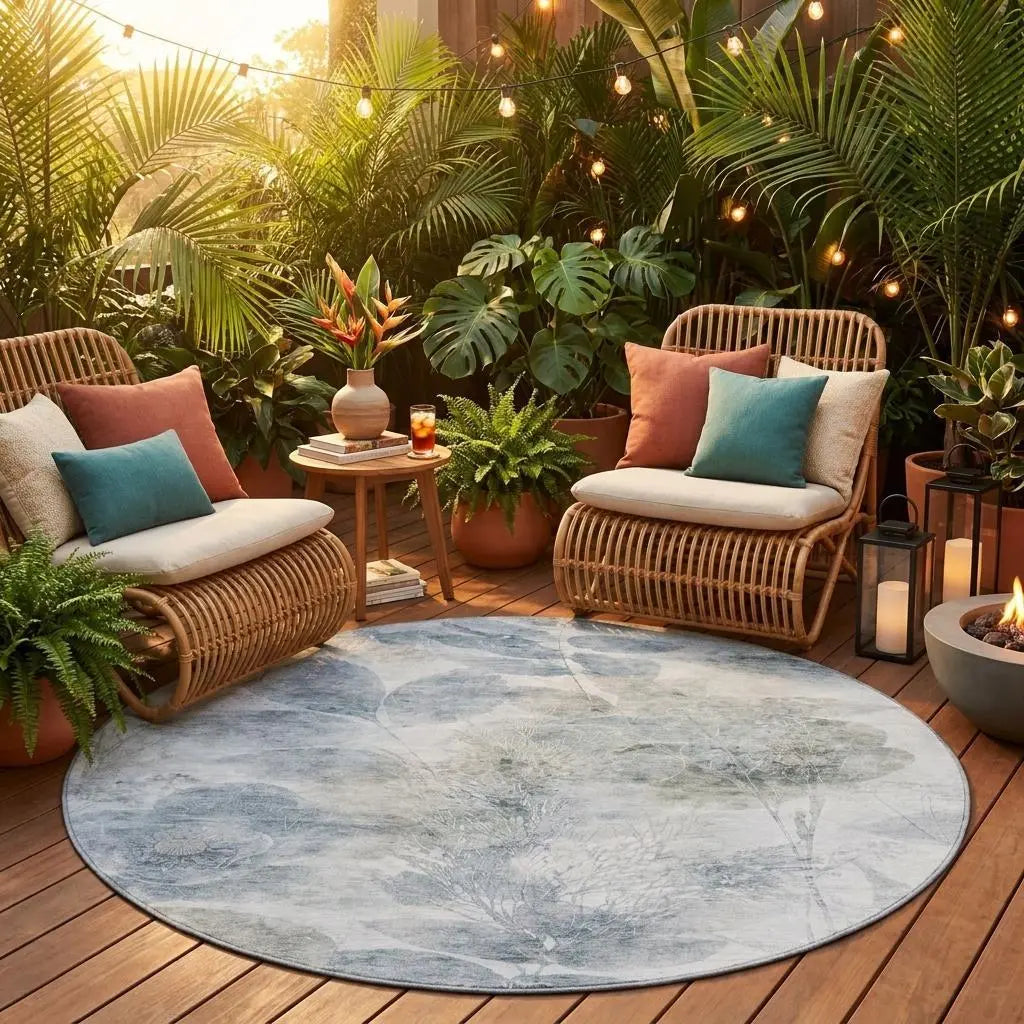 8' Taupe And Brown Round Floral Washable Indoor Outdoor Area Rug Homeroots Outdoor