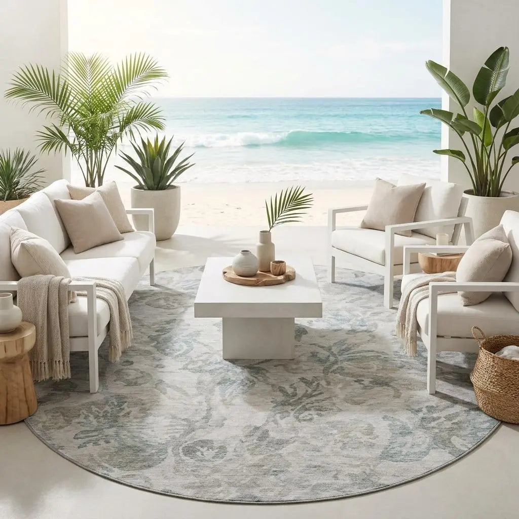 8' Taupe And Brown Round Floral Washable Indoor Outdoor Area Rug Homeroots Outdoor