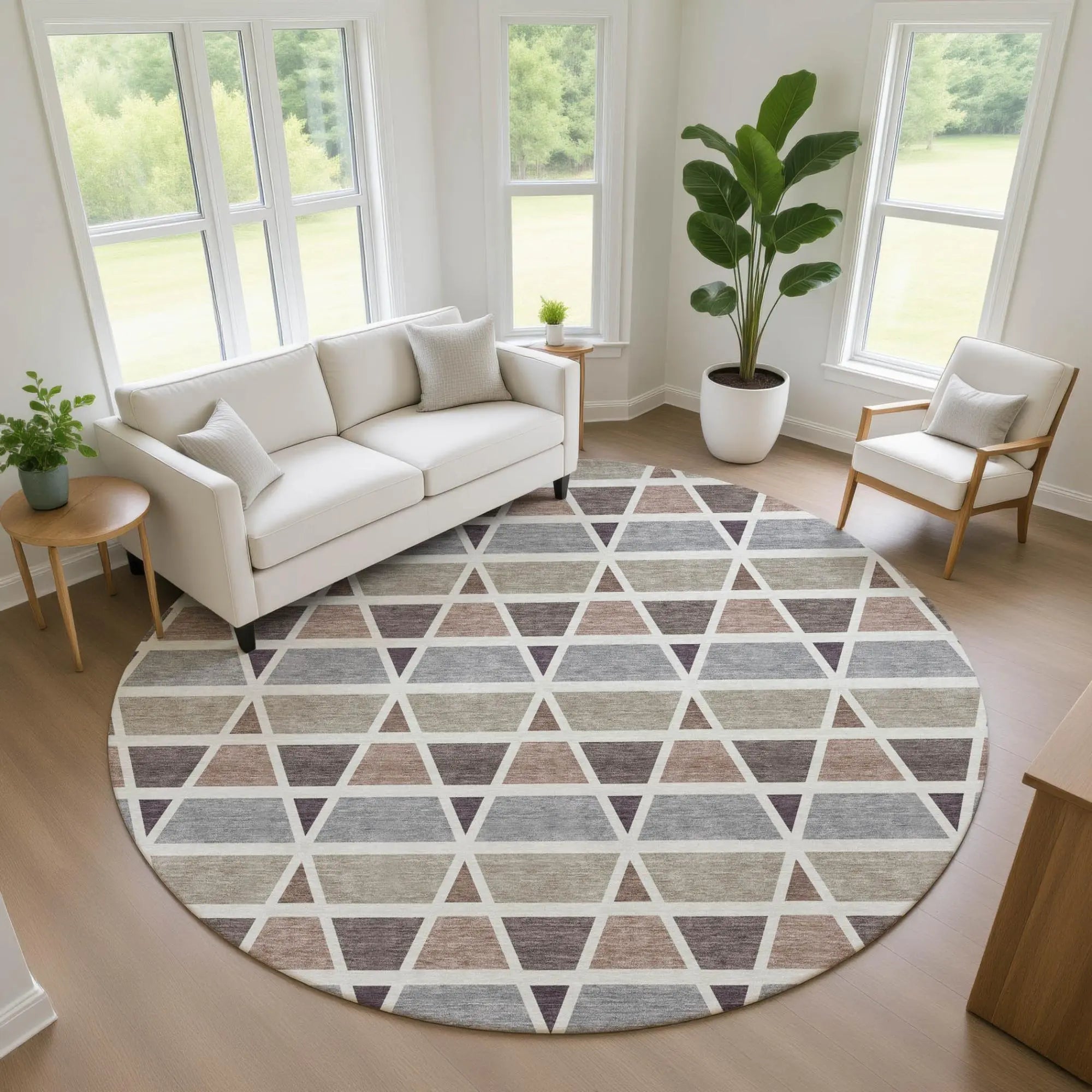 8' Taupe And Brown Round Geometric Washable Indoor Outdoor Area Rug Homeroots Outdoor