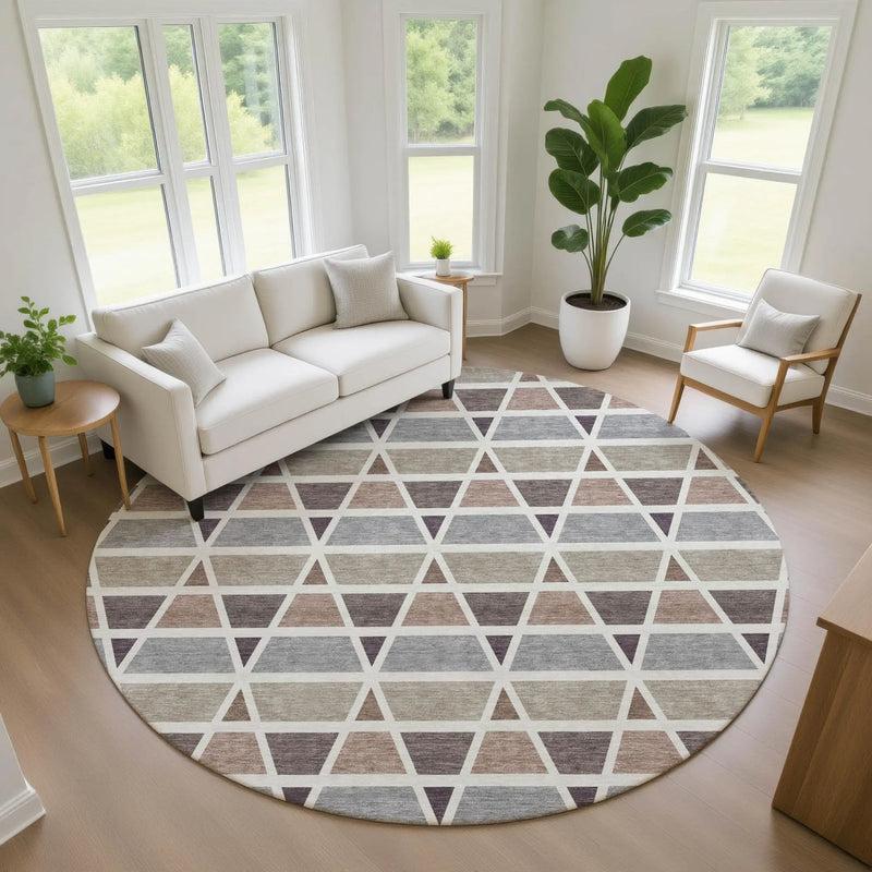 8' Taupe And Brown Round Geometric Washable Indoor Outdoor Area Rug Homeroots Outdoor