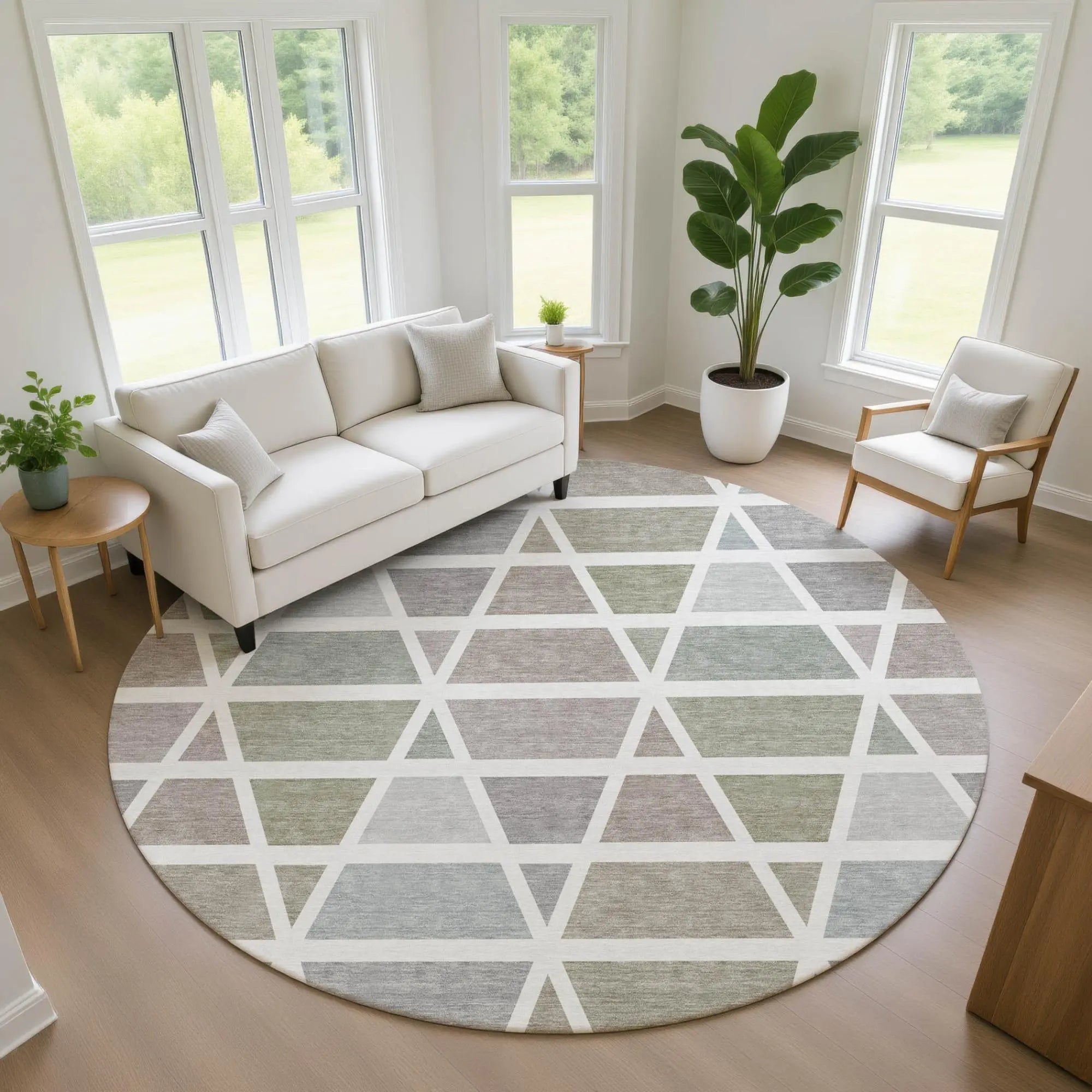 8' Taupe And Brown Round Geometric Washable Indoor Outdoor Area Rug Homeroots Outdoor