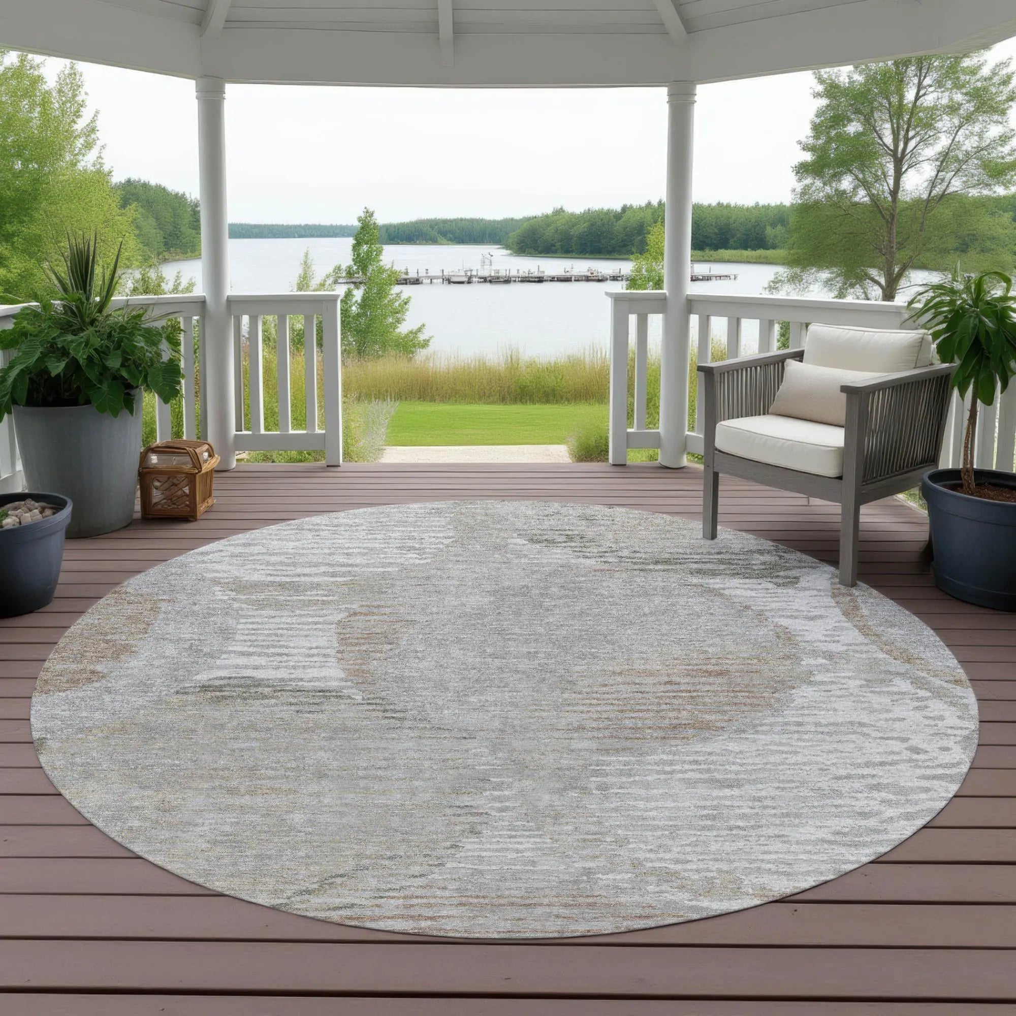 8' Taupe And Brown Round Geometric Washable Indoor Outdoor Area Rug Homeroots Outdoor