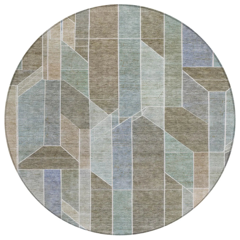 8' Taupe And Brown Round Geometric Washable Indoor Outdoor Area Rug Homeroots Outdoor