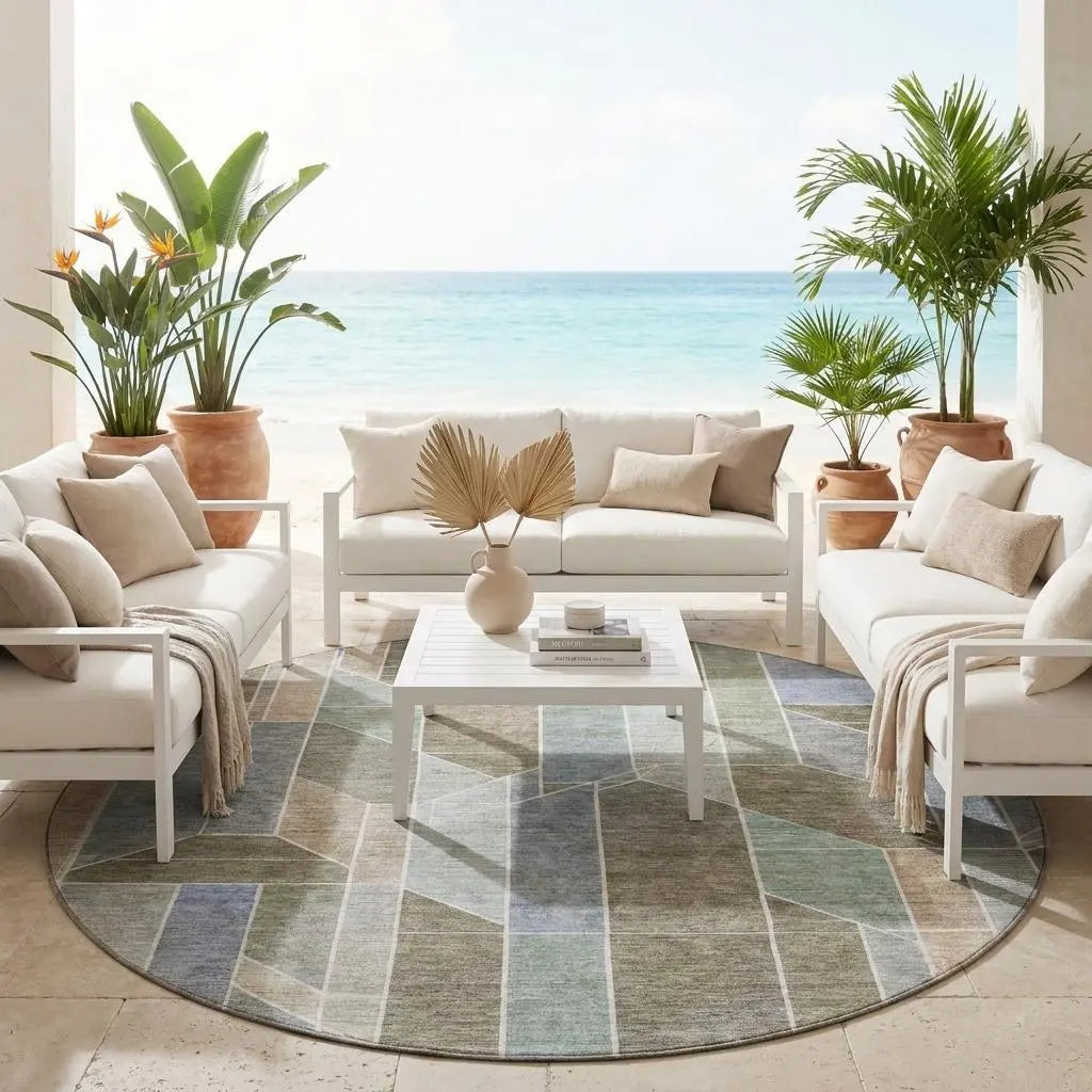 8' Taupe And Brown Round Geometric Washable Indoor Outdoor Area Rug Homeroots Outdoor