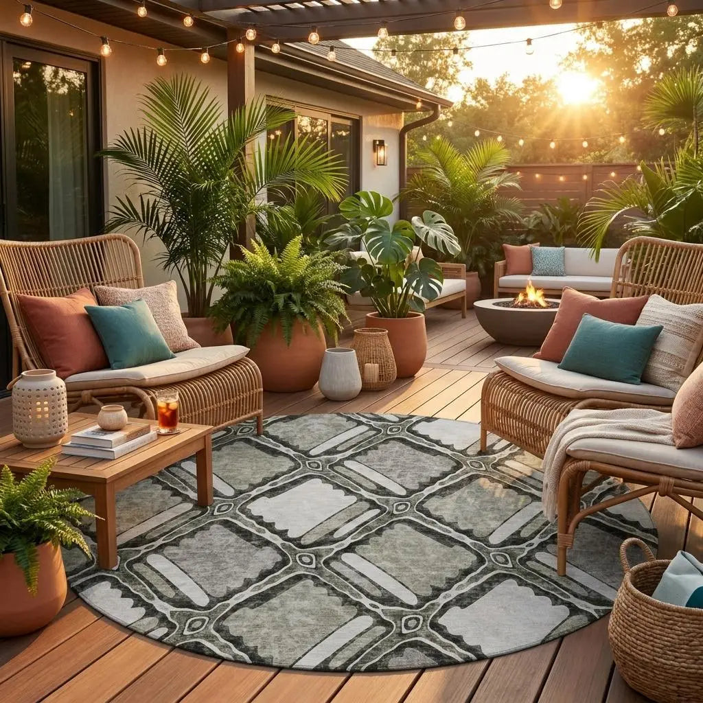 8' Taupe And Brown Round Geometric Washable Indoor Outdoor Area Rug Homeroots Outdoor