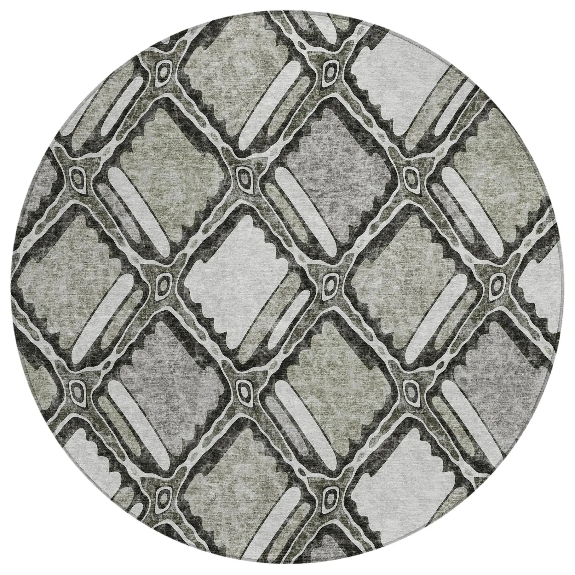8' Taupe And Brown Round Geometric Washable Indoor Outdoor Area Rug Homeroots Outdoor