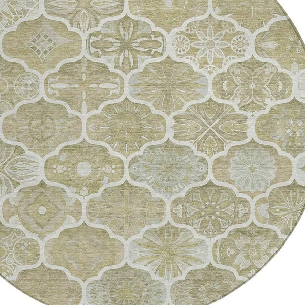 8' Taupe And Brown Round Ogee Washable Indoor Outdoor Area Rug Homeroots Outdoor